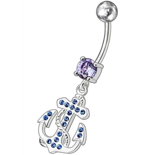 Fancy Jeweled Anchor And Cross Dangling Curved Belly Ring - Monster Piercing