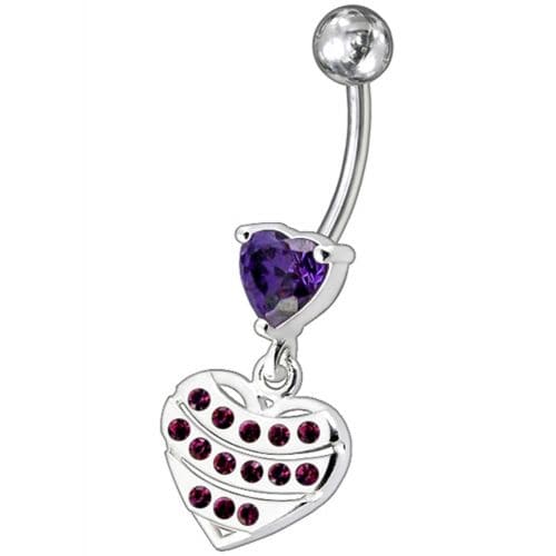 Fancy Stone Studded Sterling Silver Heart Dangling Belly Ring - Monster Piercing