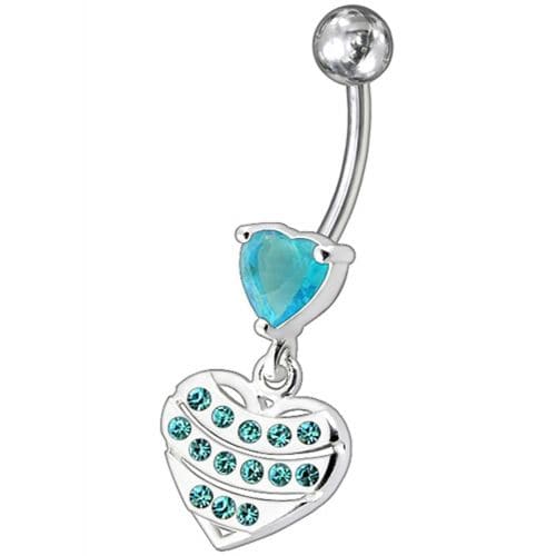 Fancy Stone Studded Sterling Silver Heart Dangling Belly Ring - Monster Piercing