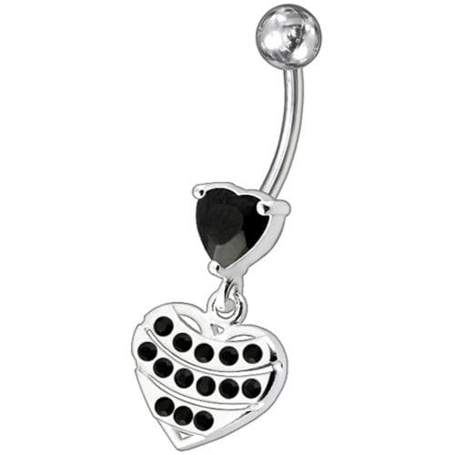 Fancy Stone Studded Sterling Silver Heart Dangling Belly Ring - Monster Piercing