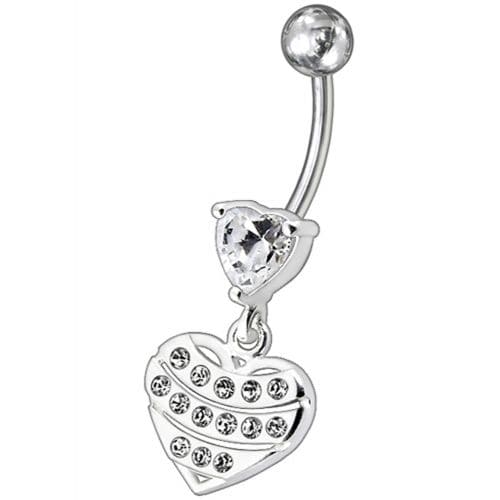 Fancy Stone Studded Sterling Silver Heart Dangling Belly Ring - Monster Piercing