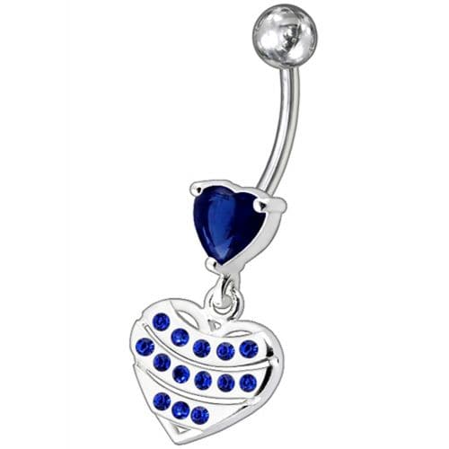 Fancy Stone Studded Sterling Silver Heart Dangling Belly Ring - Monster Piercing