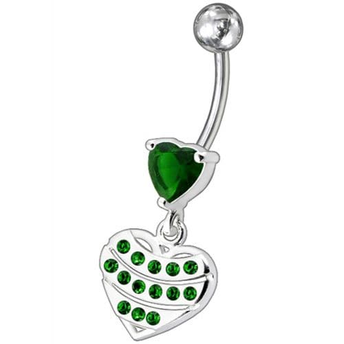 Fancy Stone Studded Sterling Silver Heart Dangling Belly Ring - Monster Piercing