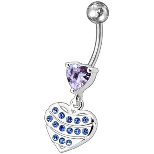 Fancy Stone Studded Sterling Silver Heart Dangling Belly Ring - Monster Piercing