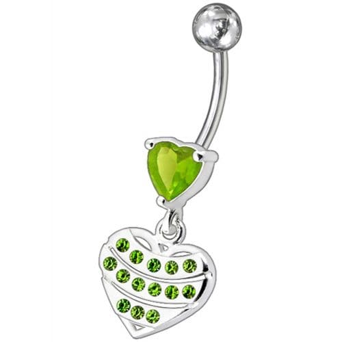 Fancy Stone Studded Sterling Silver Heart Dangling Belly Ring - Monster Piercing