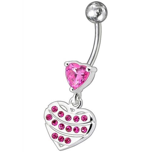 Fancy Stone Studded Sterling Silver Heart Dangling Belly Ring - Monster Piercing