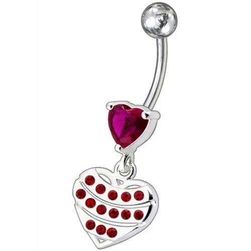 Fancy Stone Studded Sterling Silver Heart Dangling Belly Ring - Monster Piercing