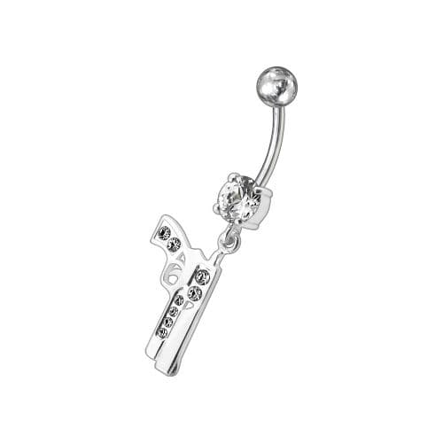 Dangling Silver Fancy GUN Jeweled Curved Bar Navel Ring - Monster Piercing