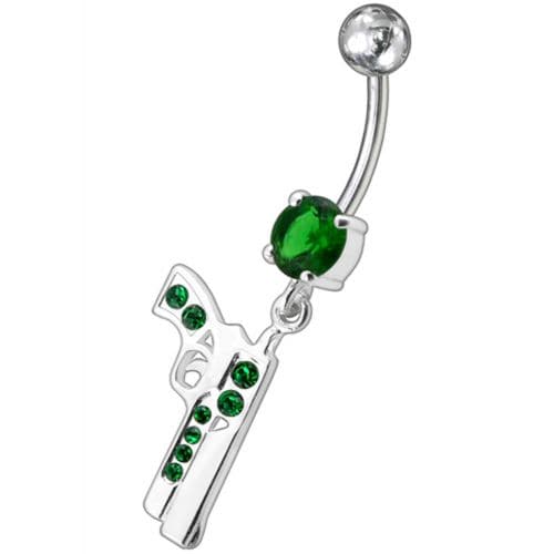 Dangling Silver Fancy GUN Jeweled Curved Bar Navel Ring - Monster Piercing