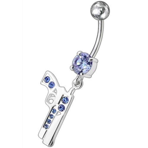 Dangling Silver Fancy GUN Jeweled Curved Bar Navel Ring - Monster Piercing