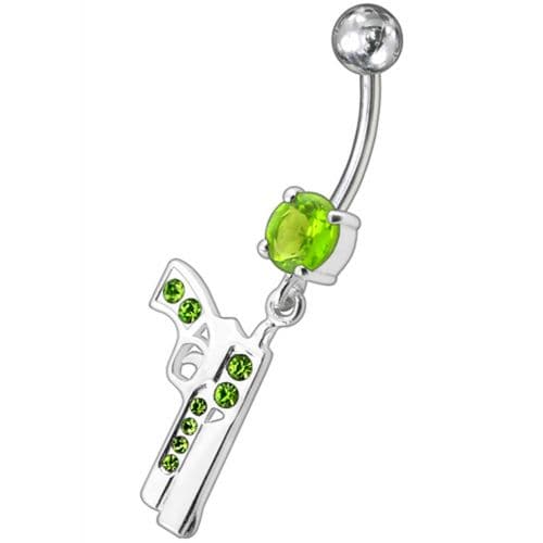 Dangling Silver Fancy GUN Jeweled Curved Bar Navel Ring - Monster Piercing