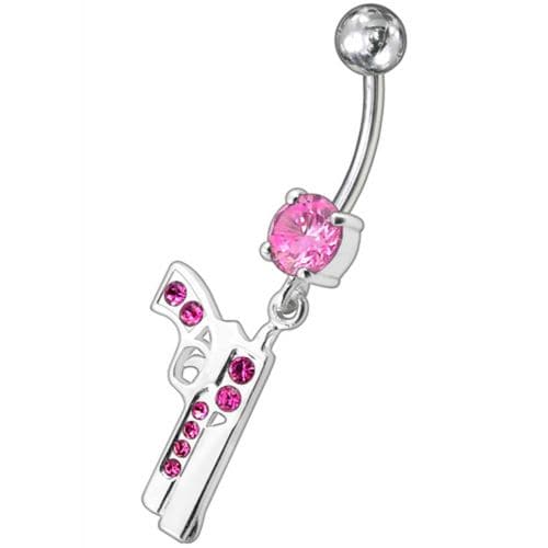 Dangling Silver Fancy GUN Jeweled Curved Bar Navel Ring - Monster Piercing