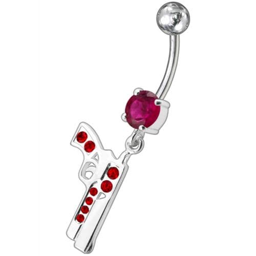 Dangling Silver Fancy GUN Jeweled Curved Bar Navel Ring - Monster Piercing