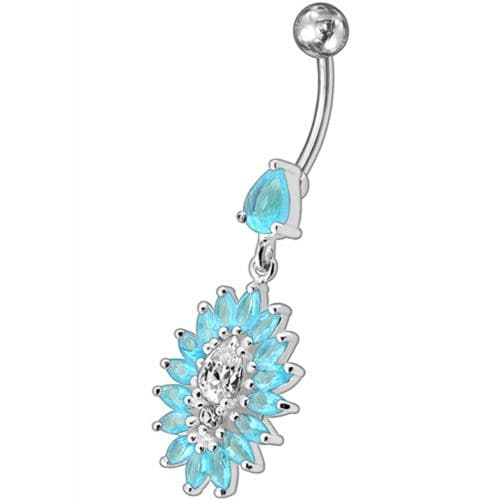 Jeweled Dangling Fancy  Glitter Flower SS Banana Bar Belly Ring Body Jewelry - Monster Piercing