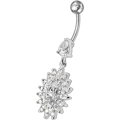 Jeweled Dangling Fancy  Glitter Flower SS Banana Bar Belly Ring Body Jewelry - Monster Piercing