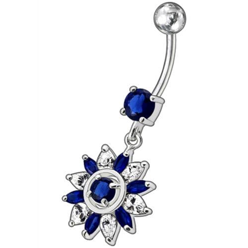 Fancy  White Royal Flower Jeweled Dangling SS Bar Belly Ring - Monster Piercing