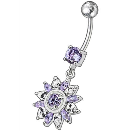 Fancy  White Royal Flower Jeweled Dangling SS Bar Belly Ring - Monster Piercing