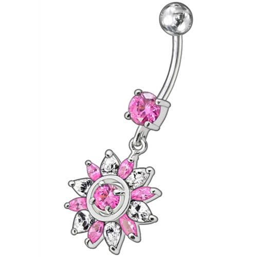 Fancy  White Royal Flower Jeweled Dangling SS Bar Belly Ring - Monster Piercing