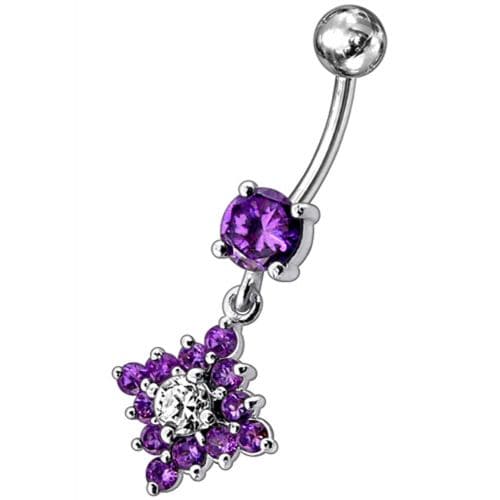 Flower Belly Navel Ring Fancy CZ Gemmed Dangle Button - Monster Piercing