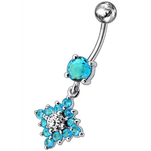 Flower Belly Navel Ring Fancy CZ Gemmed Dangle Button - Monster Piercing