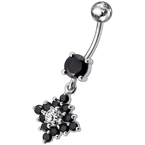 Flower Belly Navel Ring Fancy CZ Gemmed Dangle Button - Monster Piercing