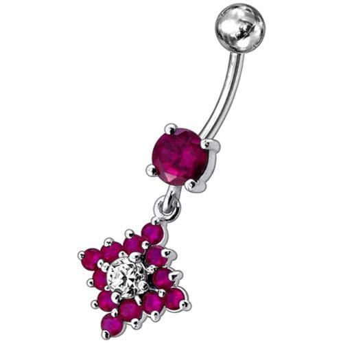 Flower Belly Navel Ring Fancy CZ Gemmed Dangle Button - Monster Piercing