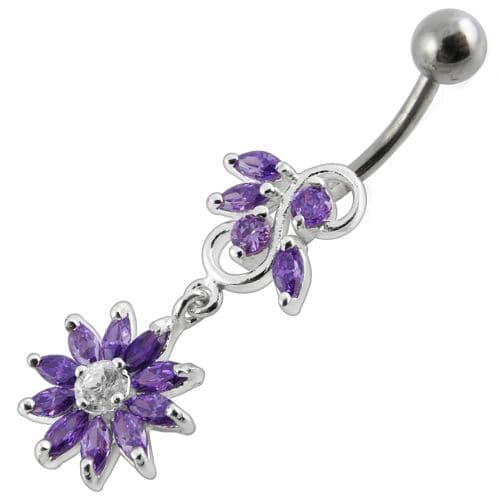 Fancy White Stone Jeweled Flower Dangling Navel Ring - Monster Piercing