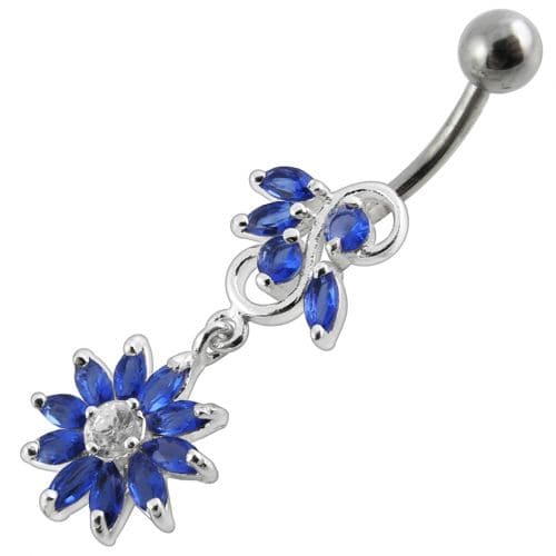 Fancy White Stone Jeweled Flower Dangling Navel Ring - Monster Piercing