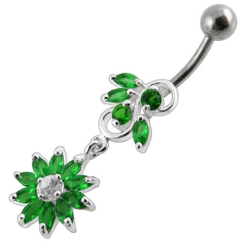 Fancy White Stone Jeweled Flower Dangling Navel Ring - Monster Piercing