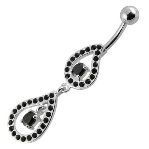 Fancy Pear Shape Jeweled Dangling SS Bar Navel Ring - Monster Piercing