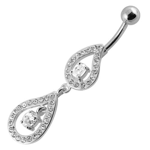 Fancy Pear Shape Jeweled Dangling SS Bar Navel Ring - Monster Piercing