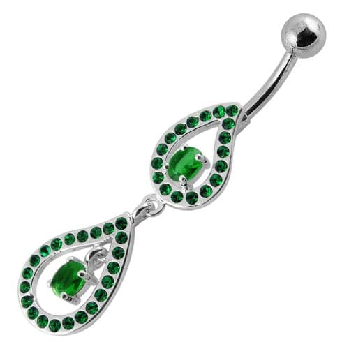 Fancy Pear Shape Jeweled Dangling SS Bar Navel Ring - Monster Piercing