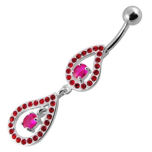 Fancy Pear Shape Jeweled Dangling SS Bar Navel Ring - Monster Piercing