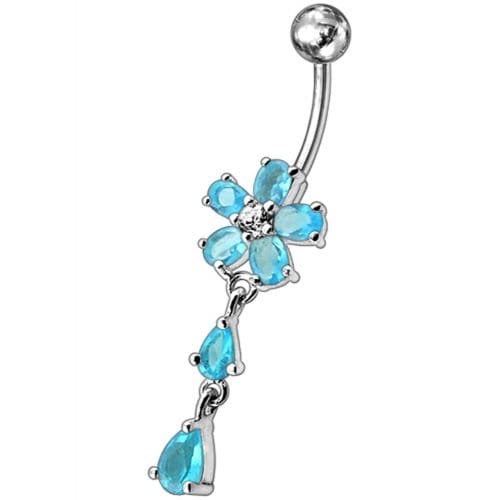 Fancy Jeweled Flower With Silver Dangling SS Bar Navel Ring - Monster Piercing