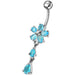 Fancy Jeweled Flower With Silver Dangling SS Bar Navel Ring - Monster Piercing