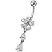 Fancy Jeweled Flower With Silver Dangling SS Bar Navel Ring - Monster Piercing