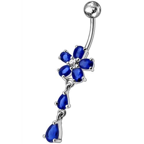 Fancy Jeweled Flower With Silver Dangling SS Bar Navel Ring - Monster Piercing