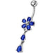 Fancy Jeweled Flower With Silver Dangling SS Bar Navel Ring - Monster Piercing