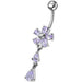 Fancy Jeweled Flower With Silver Dangling SS Bar Navel Ring - Monster Piercing