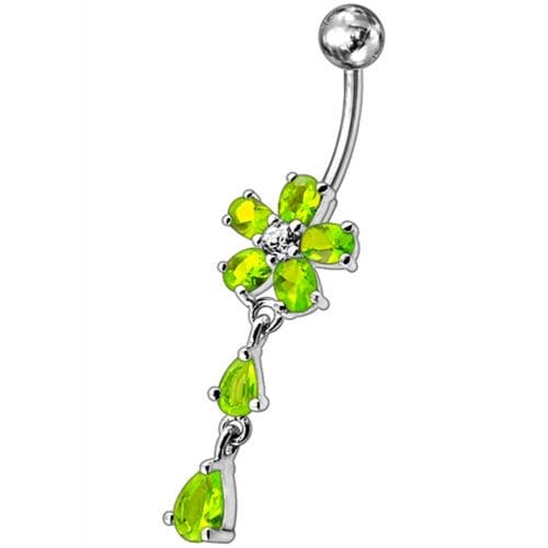 Fancy Jeweled Flower With Silver Dangling SS Bar Navel Ring - Monster Piercing