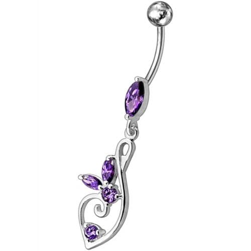 Silver Fancy Flower Jeweled Dangling  SS Bar Belly Body Ring - Monster Piercing