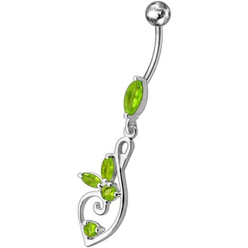 Silver Fancy Flower Jeweled Dangling  SS Bar Belly Body Ring - Monster Piercing