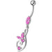 Silver Fancy Flower Jeweled Dangling  SS Bar Belly Body Ring - Monster Piercing