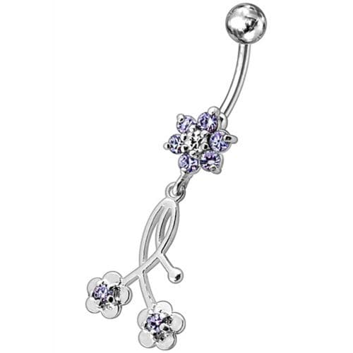 Fancy Long Flower With 2 Small Flower Jeweled Dangling Navel Ring - Monster Piercing