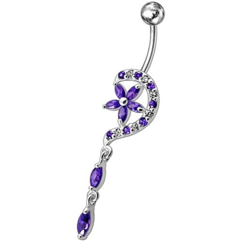 Fancy Jeweled Flower Long Tail Silver Dangling Belly Ring - Monster Piercing