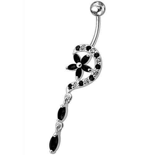 Fancy Jeweled Flower Long Tail Silver Dangling Belly Ring - Monster Piercing