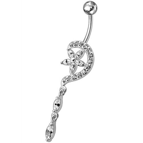 Fancy Jeweled Flower Long Tail Silver Dangling Belly Ring - Monster Piercing