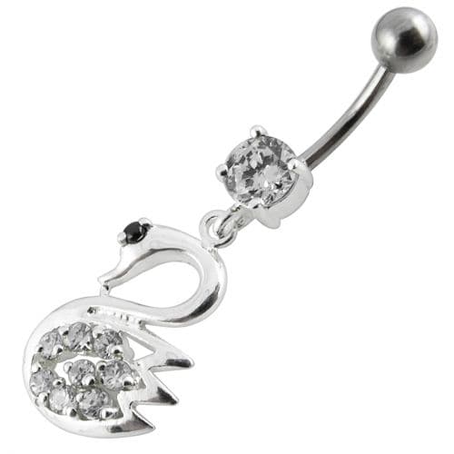 Fancy Jeweled Swan Silver Dangling Banana Bar Navel Body Ring - Monster Piercing