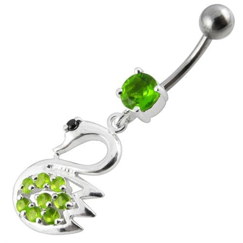 Fancy Jeweled Swan Silver Dangling Banana Bar Navel Body Ring - Monster Piercing