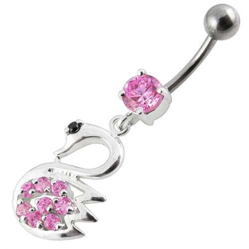 Fancy Jeweled Swan Silver Dangling Banana Bar Navel Body Ring - Monster Piercing